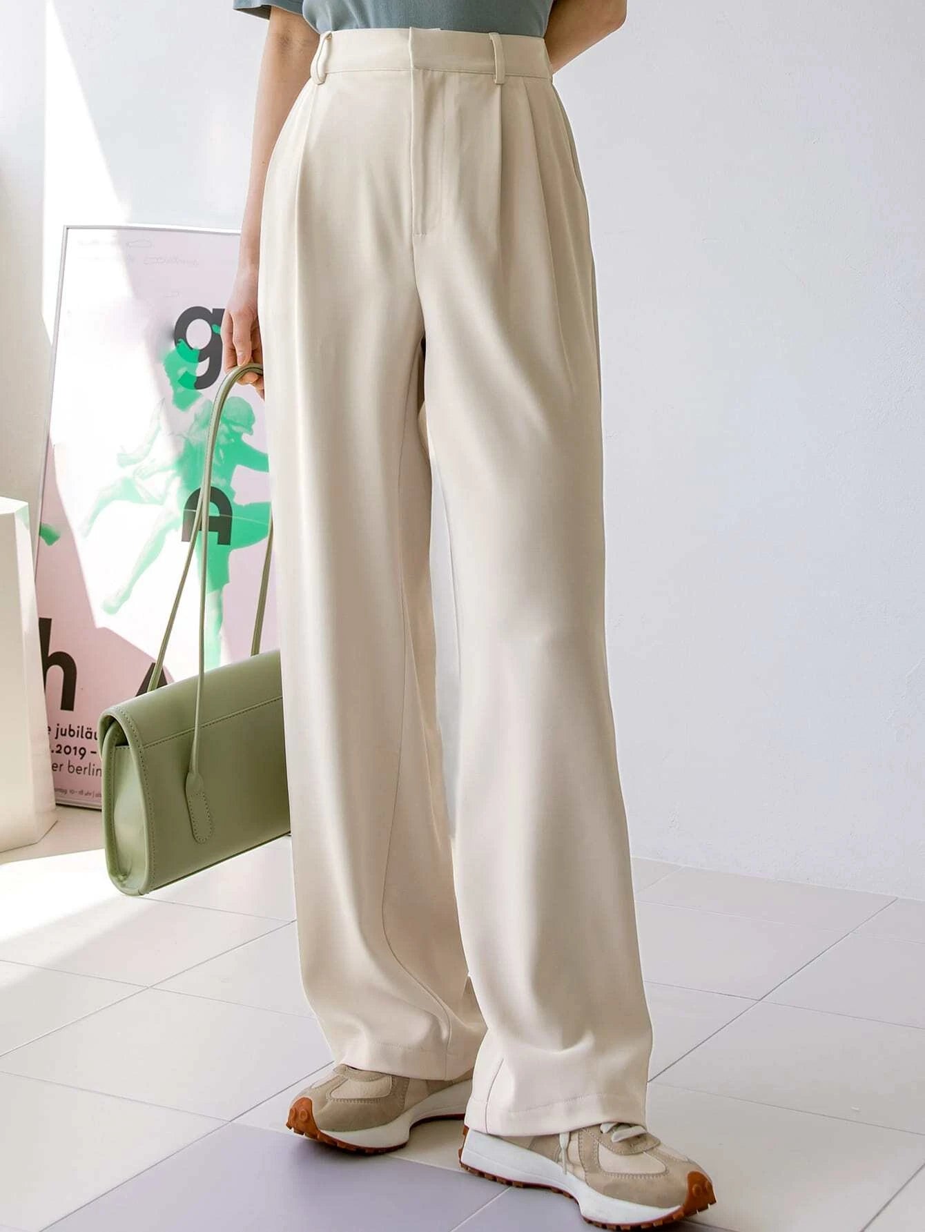 Dazy-Less Kpop Solid Plicated Detail Straight Leg Pants shein