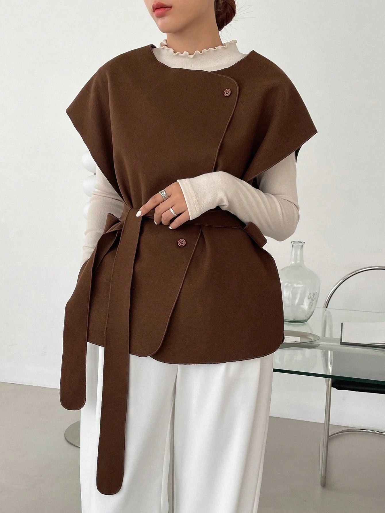 Women's Solid Color Waist Belt Design Business Casual Wool Blend Jacket shein
