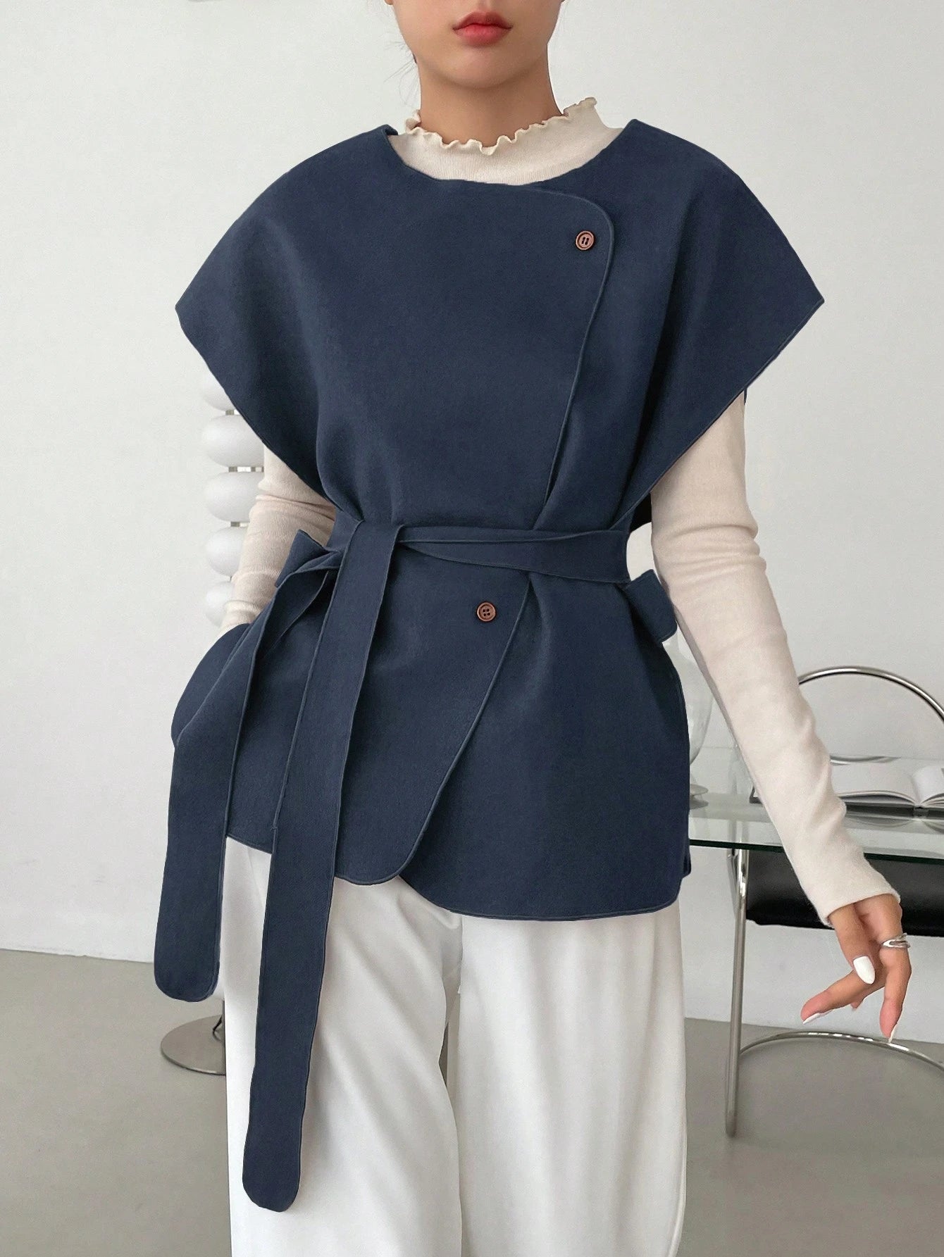 Women's Solid Color Waist Belt Design Business Casual Wool Blend Jacket shein