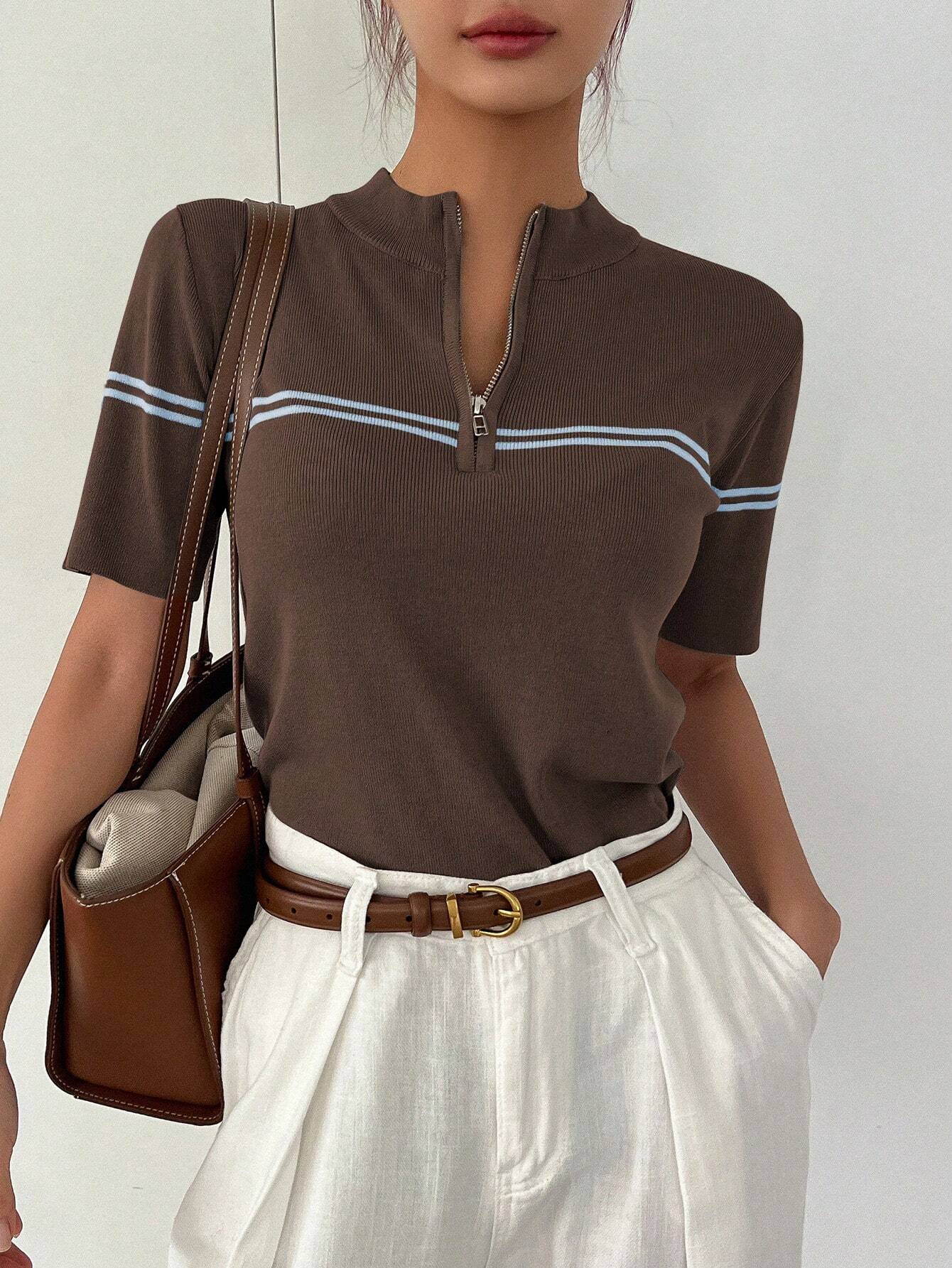 Casual Stand Collar Half-Placket Short Sleeve Pullover Knitwear Top shein