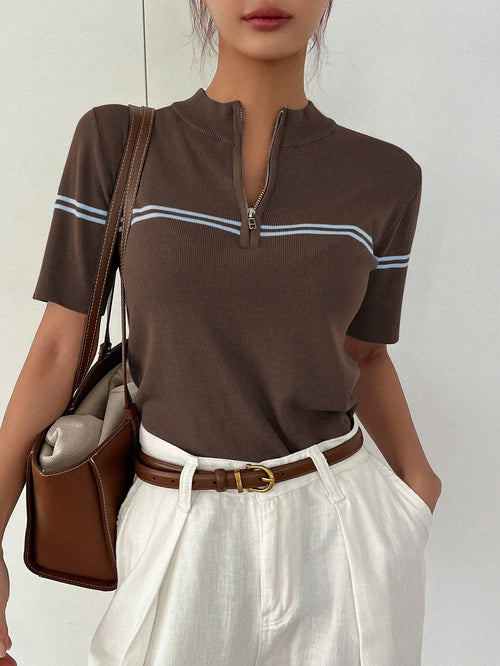 Casual Stand Collar Half-Placket Short Sleeve Pullover Knitwear Top shein