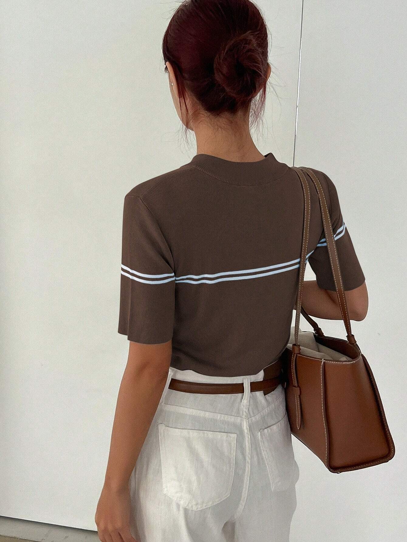 Casual Stand Collar Half-Placket Short Sleeve Pullover Knitwear Top shein