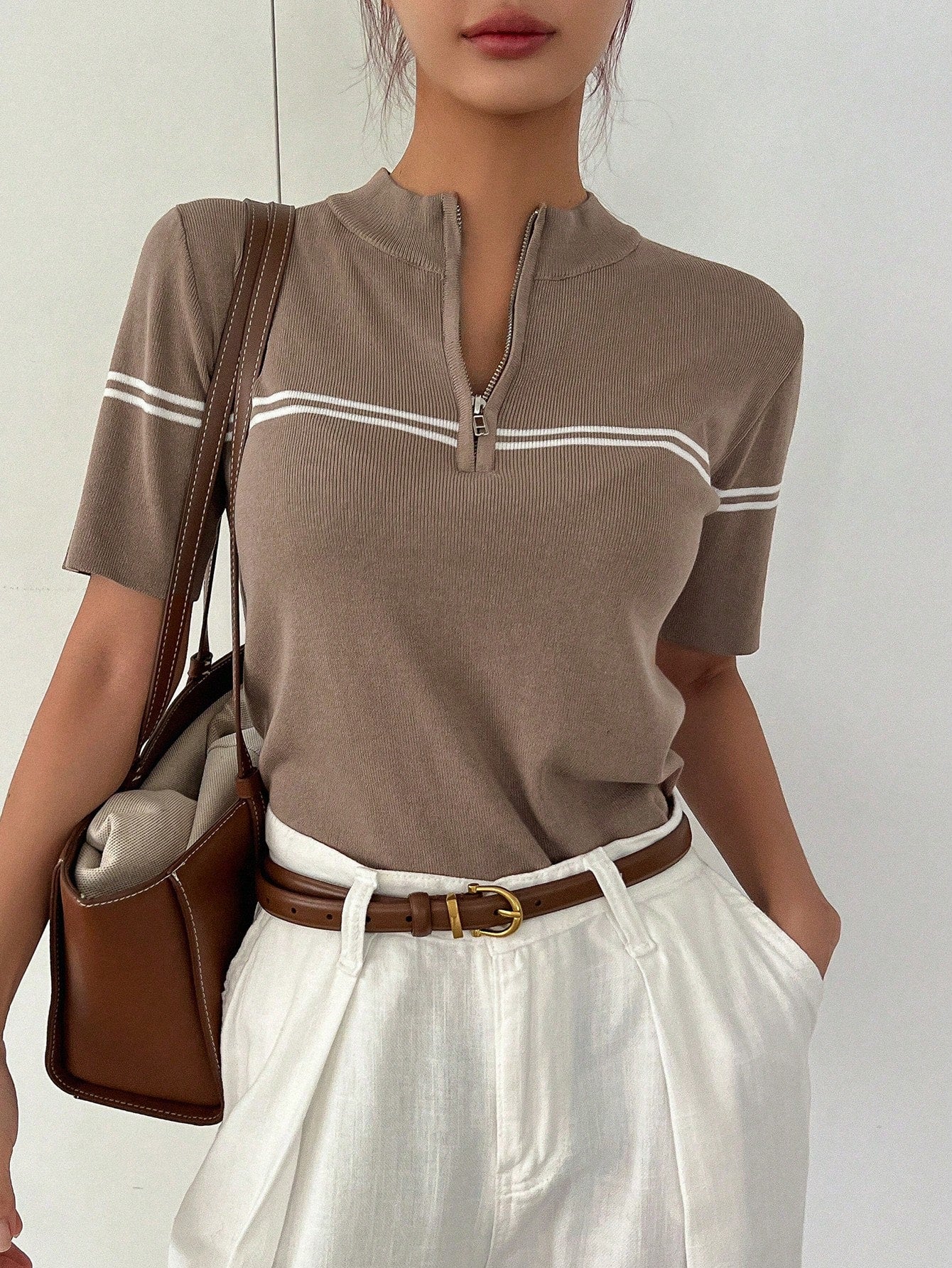 Casual Stand Collar Half-Placket Short Sleeve Pullover Knitwear Top shein