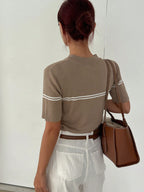 Casual Stand Collar Half-Placket Short Sleeve Pullover Knitwear Top shein