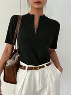 Casual Stand Collar Half-Placket Short Sleeve Pullover Knitwear Top shein