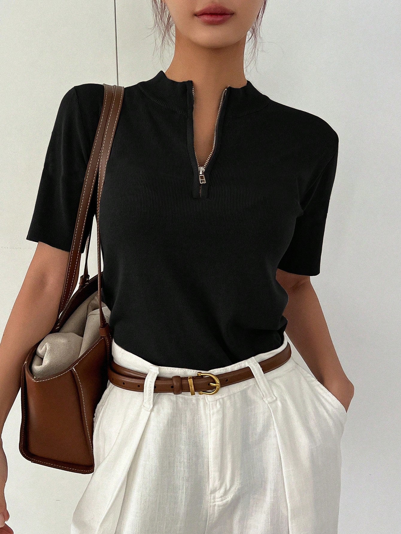 Casual Stand Collar Half-Placket Short Sleeve Pullover Knitwear Top shein