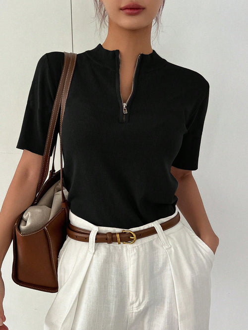 Casual Stand Collar Half-Placket Short Sleeve Pullover Knitwear Top shein
