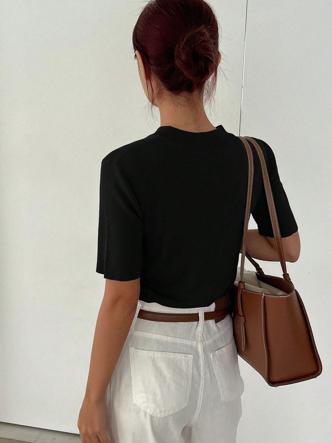 Casual Stand Collar Half-Placket Short Sleeve Pullover Knitwear Top shein
