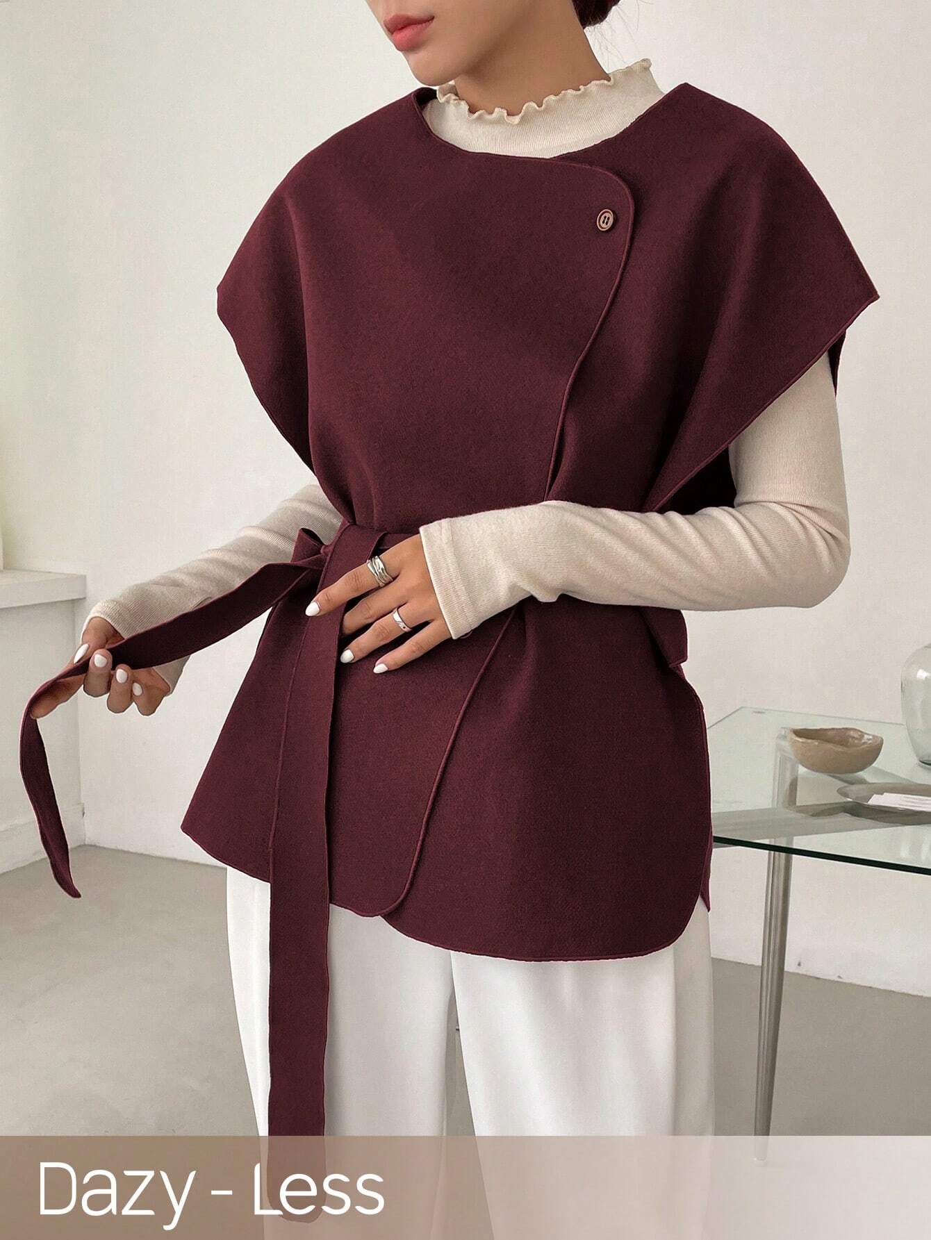 Women's Solid Color Waist Belt Design Business Casual Wool Blend Jacket shein