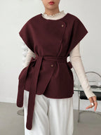 Women's Solid Color Waist Belt Design Business Casual Wool Blend Jacket shein