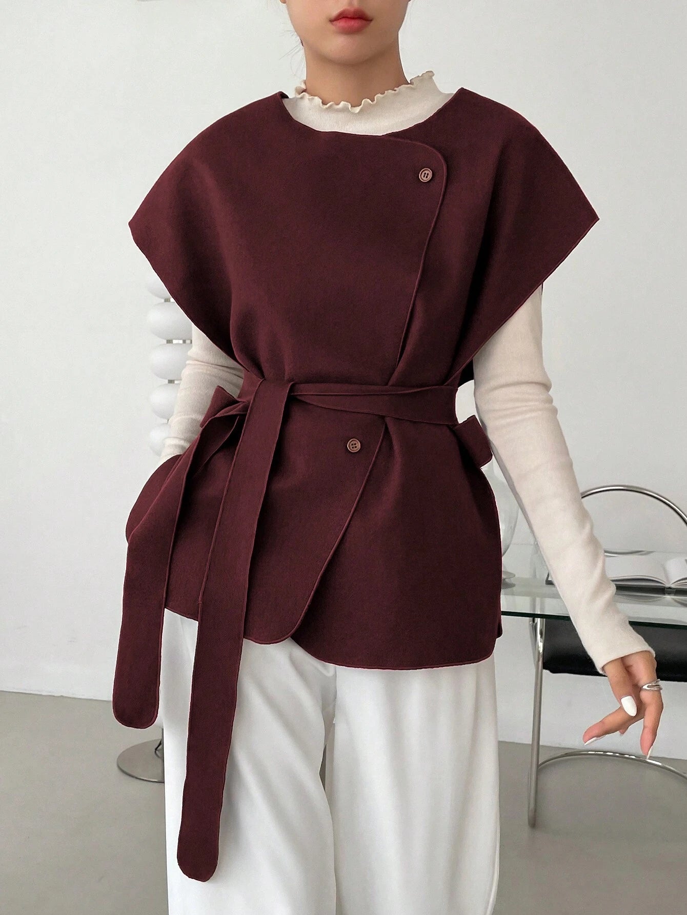 Women's Solid Color Waist Belt Design Business Casual Wool Blend Jacket shein