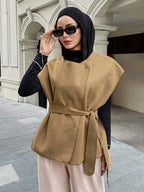 Women's Solid Color Waist Belt Design Business Casual Wool Blend Jacket shein