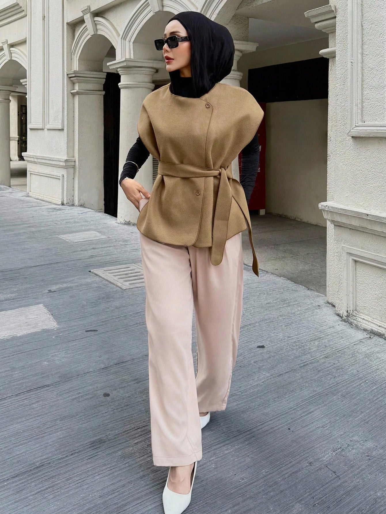 Women's Solid Color Waist Belt Design Business Casual Wool Blend Jacket shein