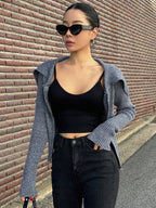 Dazy Star Foldover Sailor Collar Ribbed Knit Zip Up Cardigan shein