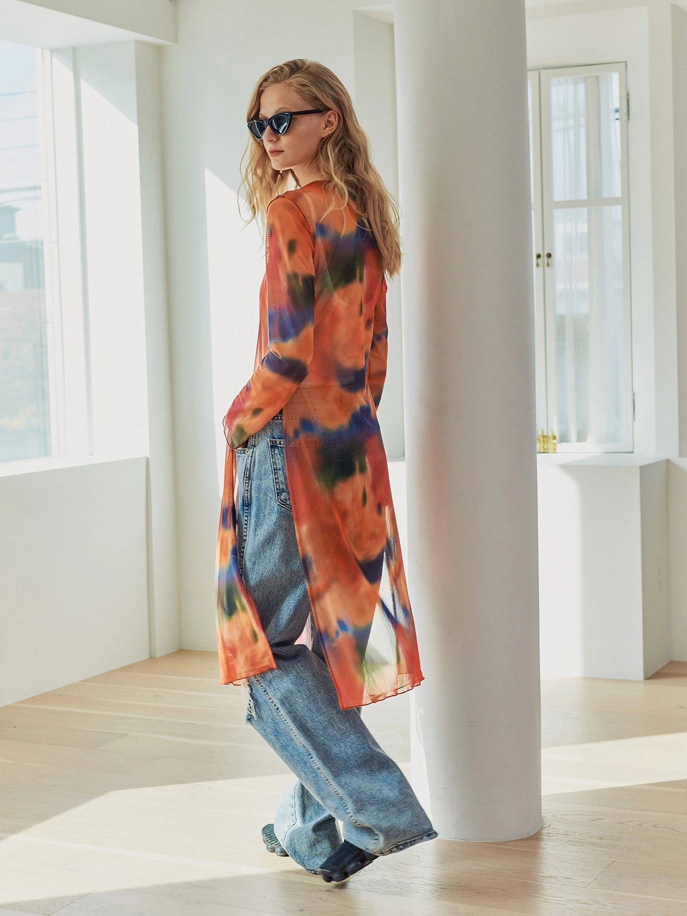 DAZY Tie Dye Split Hem Mesh Top shein