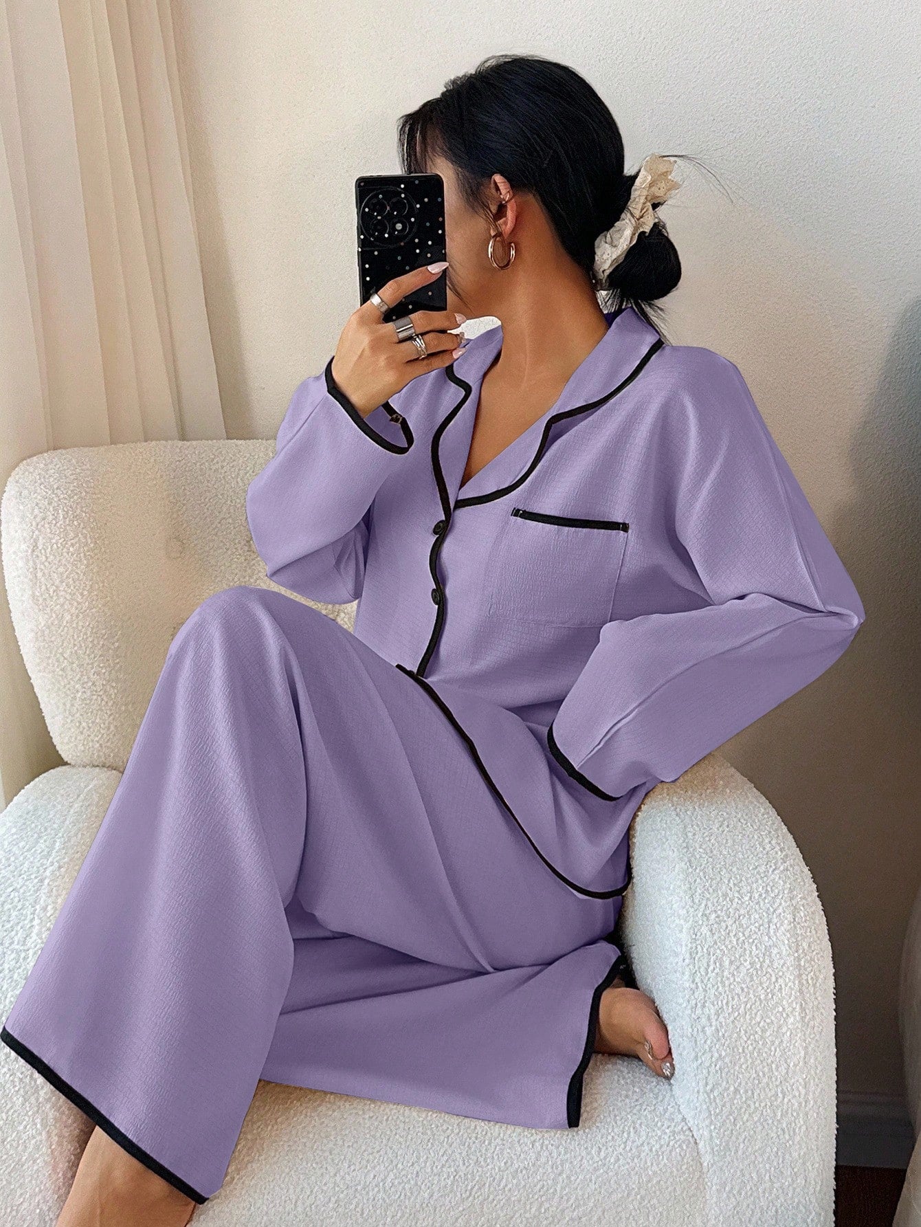 Dream Adore Women's Contrast Trim Lapel Loose Long Sleeve Pajama Set