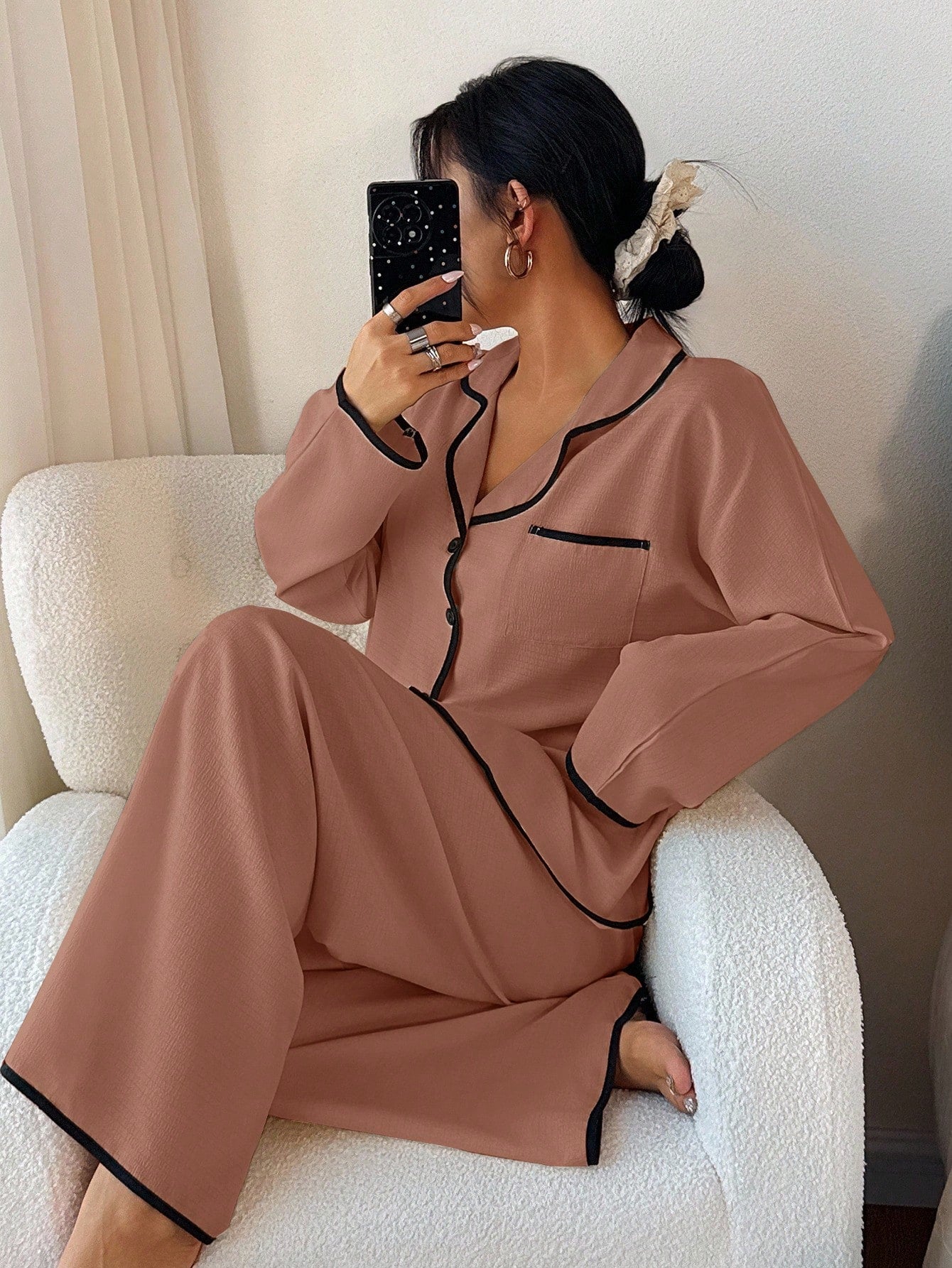 Dream Adore Women's Contrast Trim Lapel Loose Long Sleeve Pajama Set