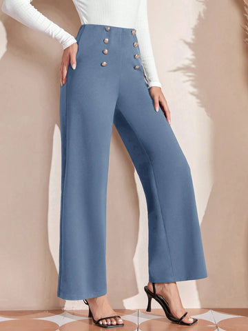 EMERY ROSE Double Button Front High Waist Wide Leg Pants shein