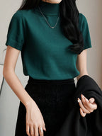 Women Casual Solid Color Turtleneck Slim Fit Short Sleeve Knit Top shein