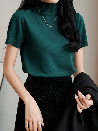 Women Casual Solid Color Turtleneck Slim Fit Short Sleeve Knit Top