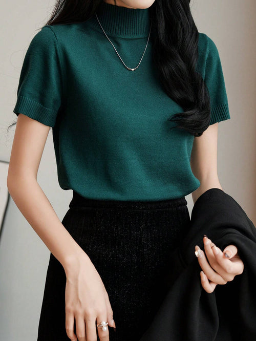 Women Casual Solid Color Turtleneck Slim Fit Short Sleeve Knit Top shein