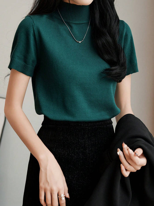 Women Casual Solid Color Turtleneck Slim Fit Short Sleeve Knit Top
