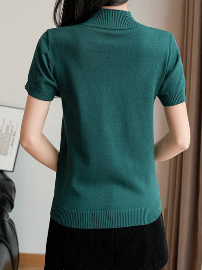 Women Casual Solid Color Turtleneck Slim Fit Short Sleeve Knit Top