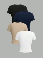 EMERY ROSE 4pcs Women Solid Color Crop Fitted Crew Neck Short Sleeve T-Shirts shein