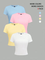 EMERY ROSE 4pcs Women Solid Color Crop Fitted Crew Neck Short Sleeve T-Shirts shein