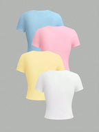 EMERY ROSE 4pcs Women Solid Color Crop Fitted Crew Neck Short Sleeve T-Shirts shein