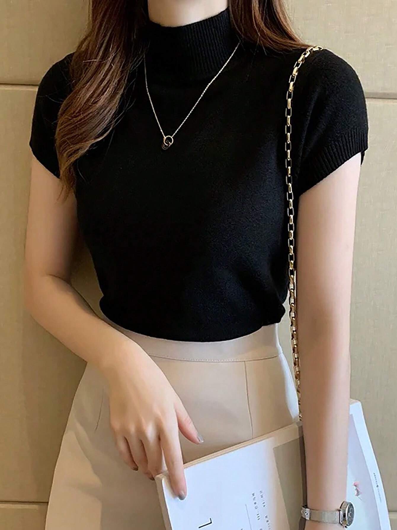Women Casual Solid Color Turtleneck Slim Fit Short Sleeve Knit Top
