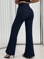 Women's Solid Color Waist Button Front Flare Leg Elegant Pants shein