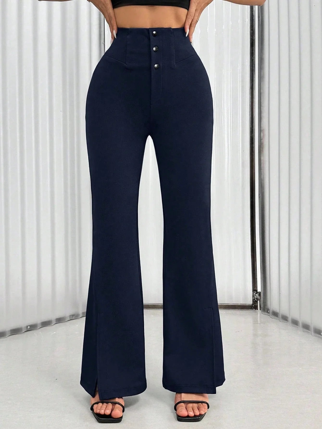 Women's Solid Color Waist Button Front Flare Leg Elegant Pants shein