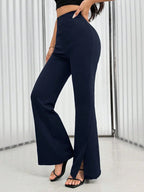 Women's Solid Color Waist Button Front Flare Leg Elegant Pants shein