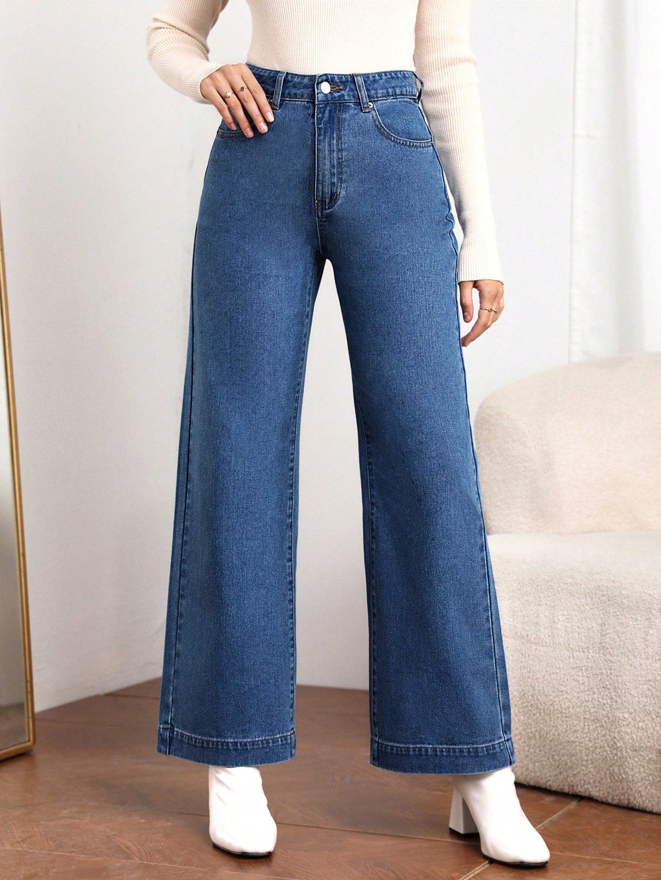 Women's Pocket Design Loose Fit Wide Leg Casual Versatile Jeans