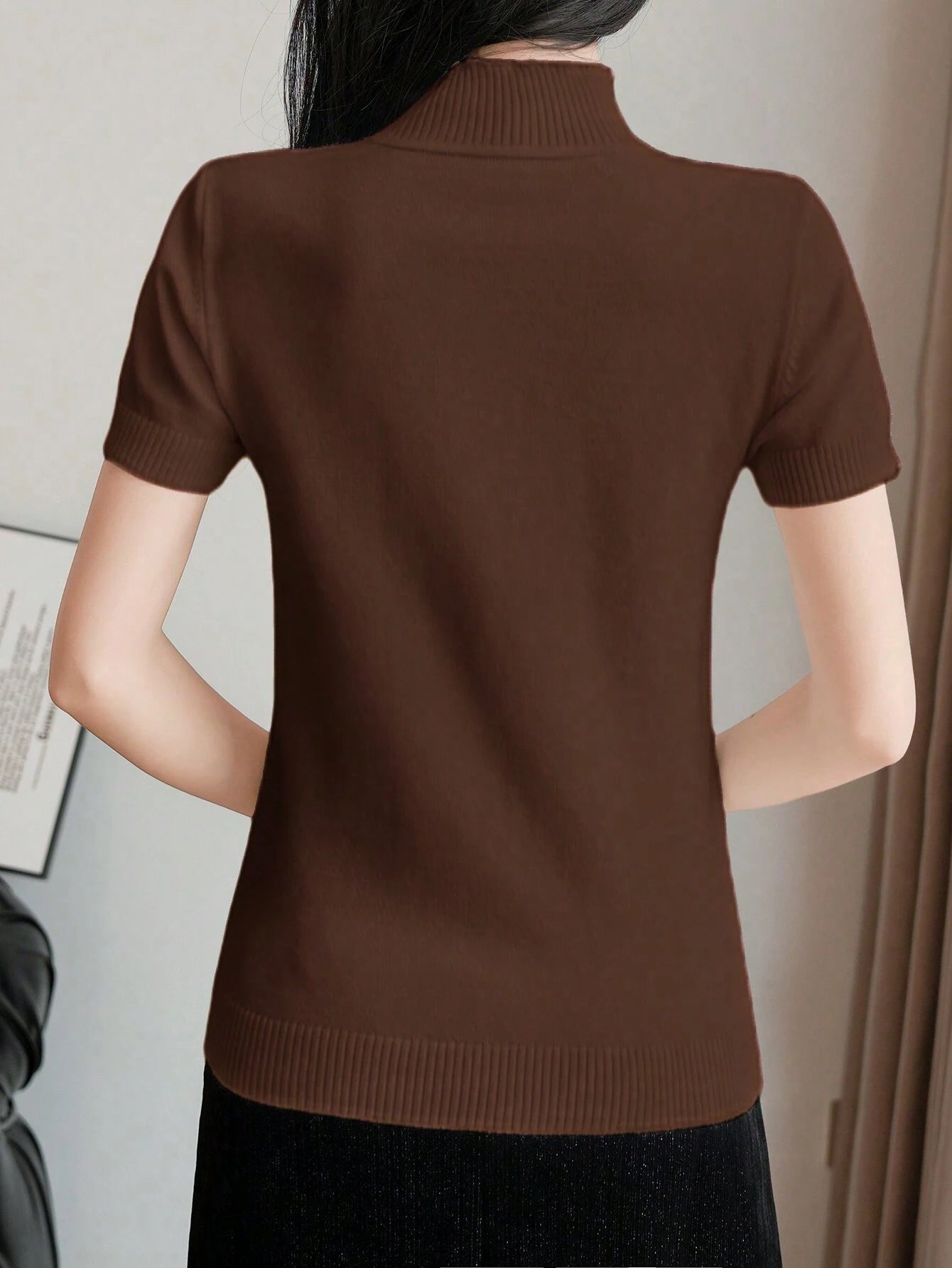 Women Casual Solid Color Turtleneck Slim Fit Short Sleeve Knit Top