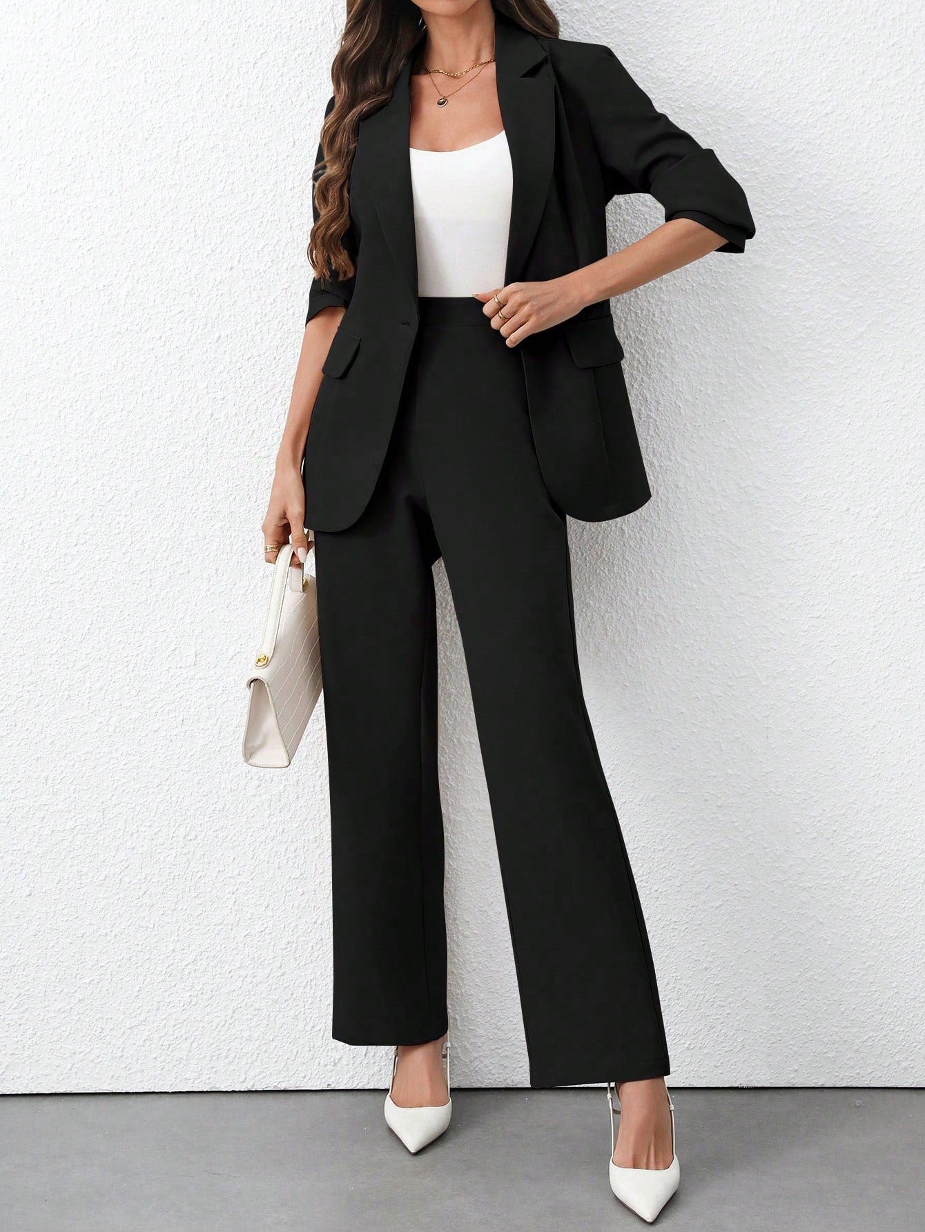 Women's Solid Color Minimalist Daily Wear Long Sleeve Blazer Jacket + Pants