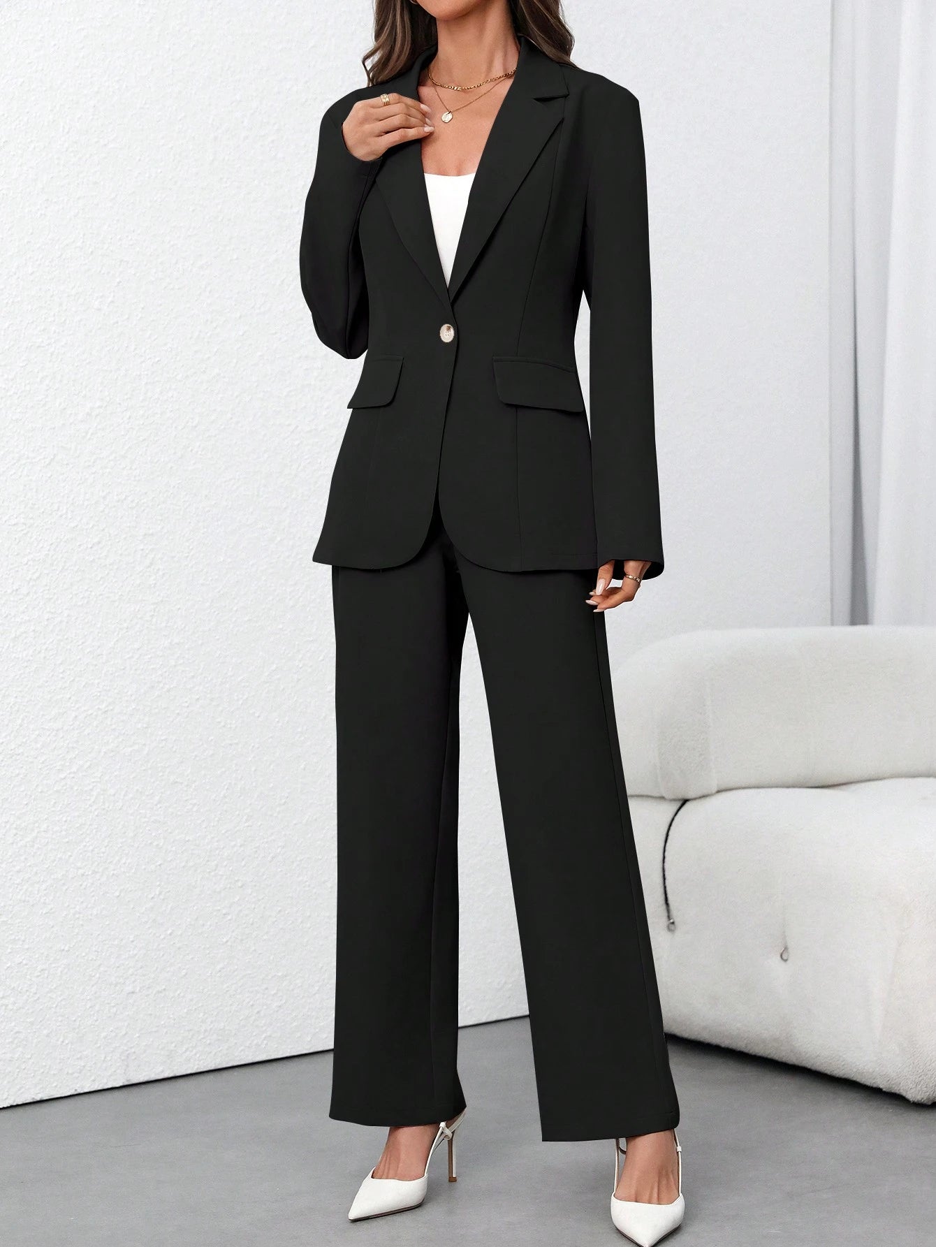 Women's Solid Color Minimalist Daily Wear Long Sleeve Blazer Jacket + Pants