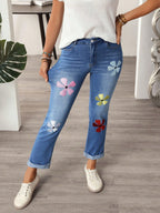 EMERY ROSE Women Floral Embroidered Patch Skinny Casual Versatile Jeans shein