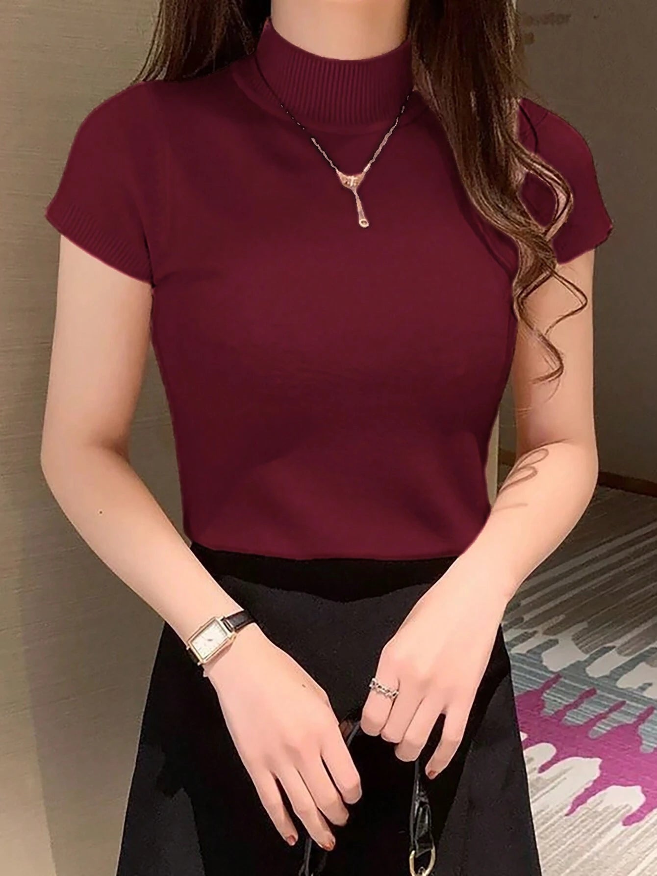 Women Casual Solid Color Turtleneck Slim Fit Short Sleeve Knit Top