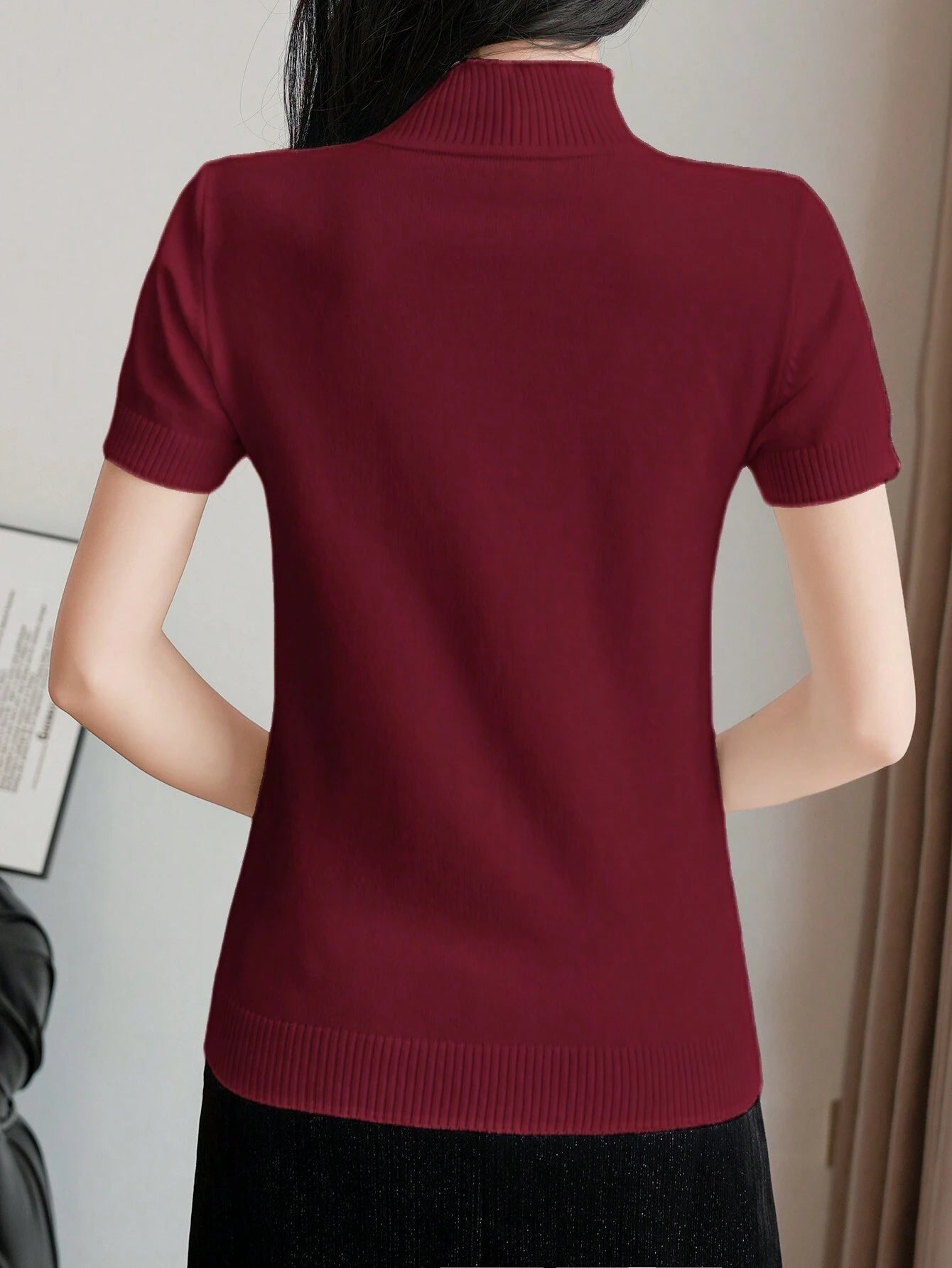 Women Casual Solid Color Turtleneck Slim Fit Short Sleeve Knit Top shein