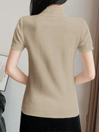 Women Casual Solid Color Turtleneck Slim Fit Short Sleeve Knit Top shein