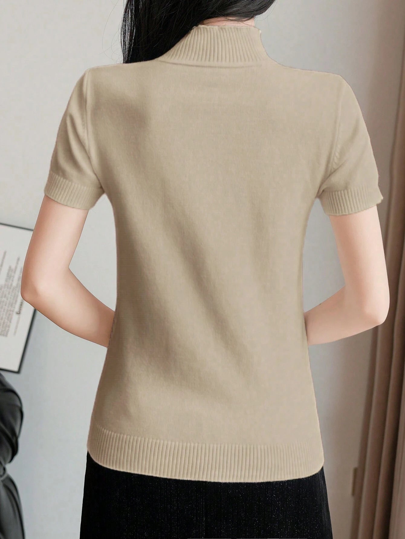 Women Casual Solid Color Turtleneck Slim Fit Short Sleeve Knit Top shein