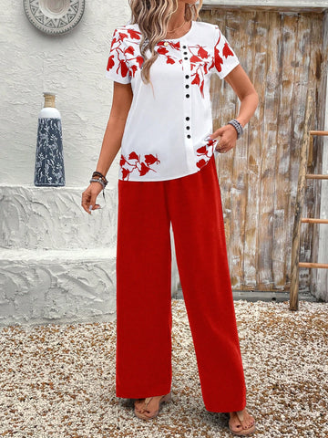 Women Solid Color Round Neck Short Sleeve Top And Flower Print Wide Leg Pants Set