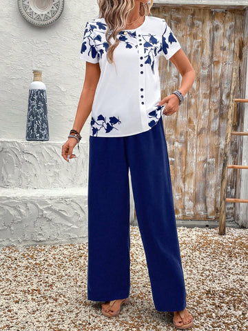 Women Solid Color Round Neck Short Sleeve Top And Flower Print Wide Leg Pants Set