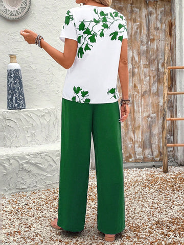 Women Solid Color Round Neck Short Sleeve Top And Flower Print Wide Leg Pants Set