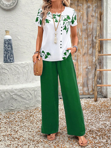 Women Solid Color Round Neck Short Sleeve Top And Flower Print Wide Leg Pants Set