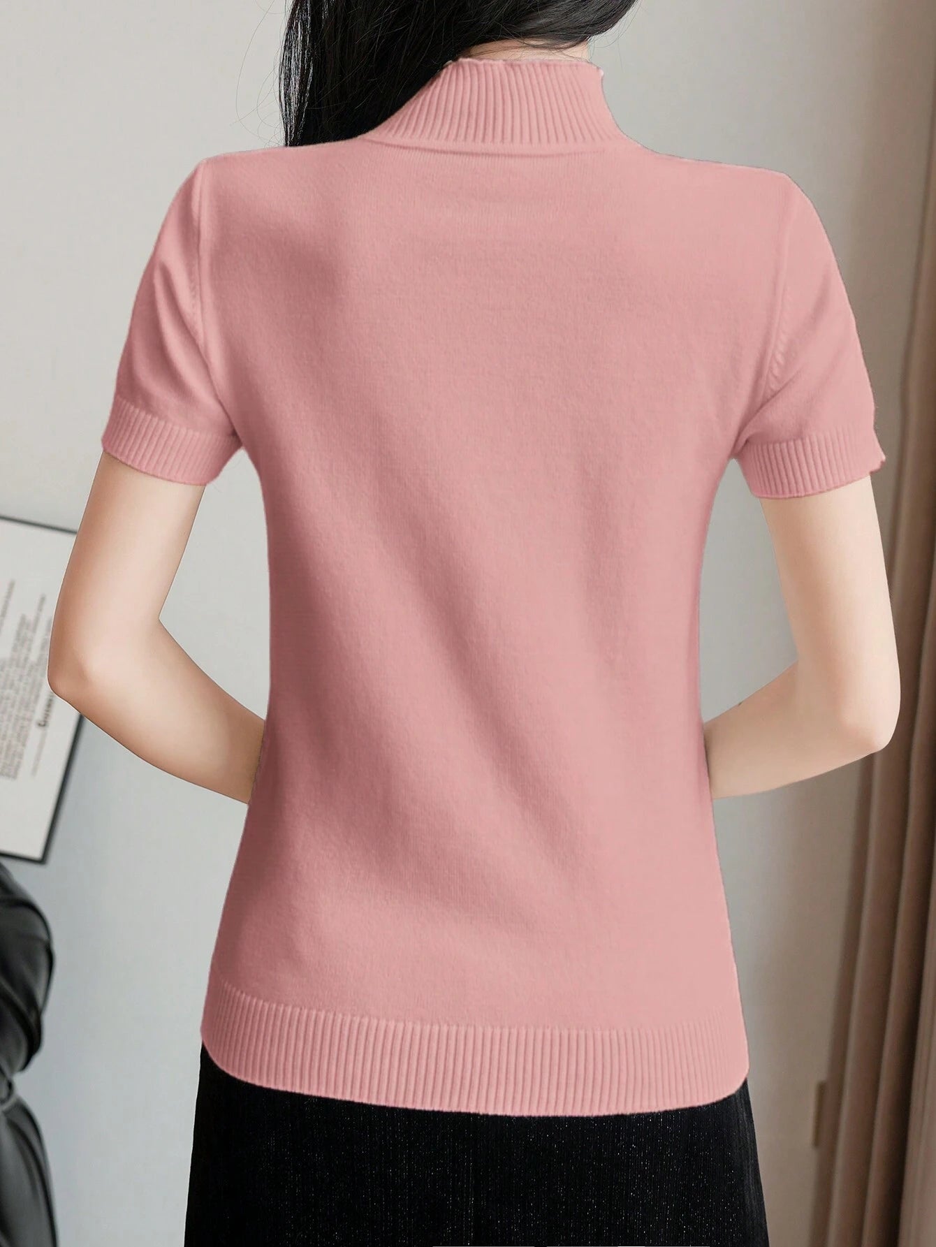 Women Casual Solid Color Turtleneck Slim Fit Short Sleeve Knit Top