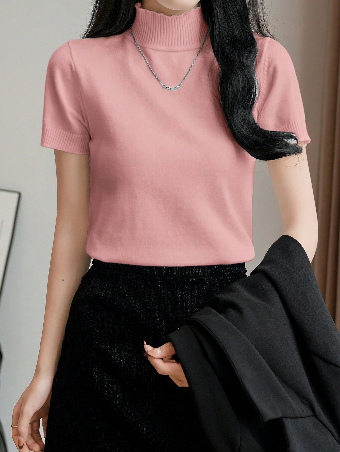 Women Casual Solid Color Turtleneck Slim Fit Short Sleeve Knit Top