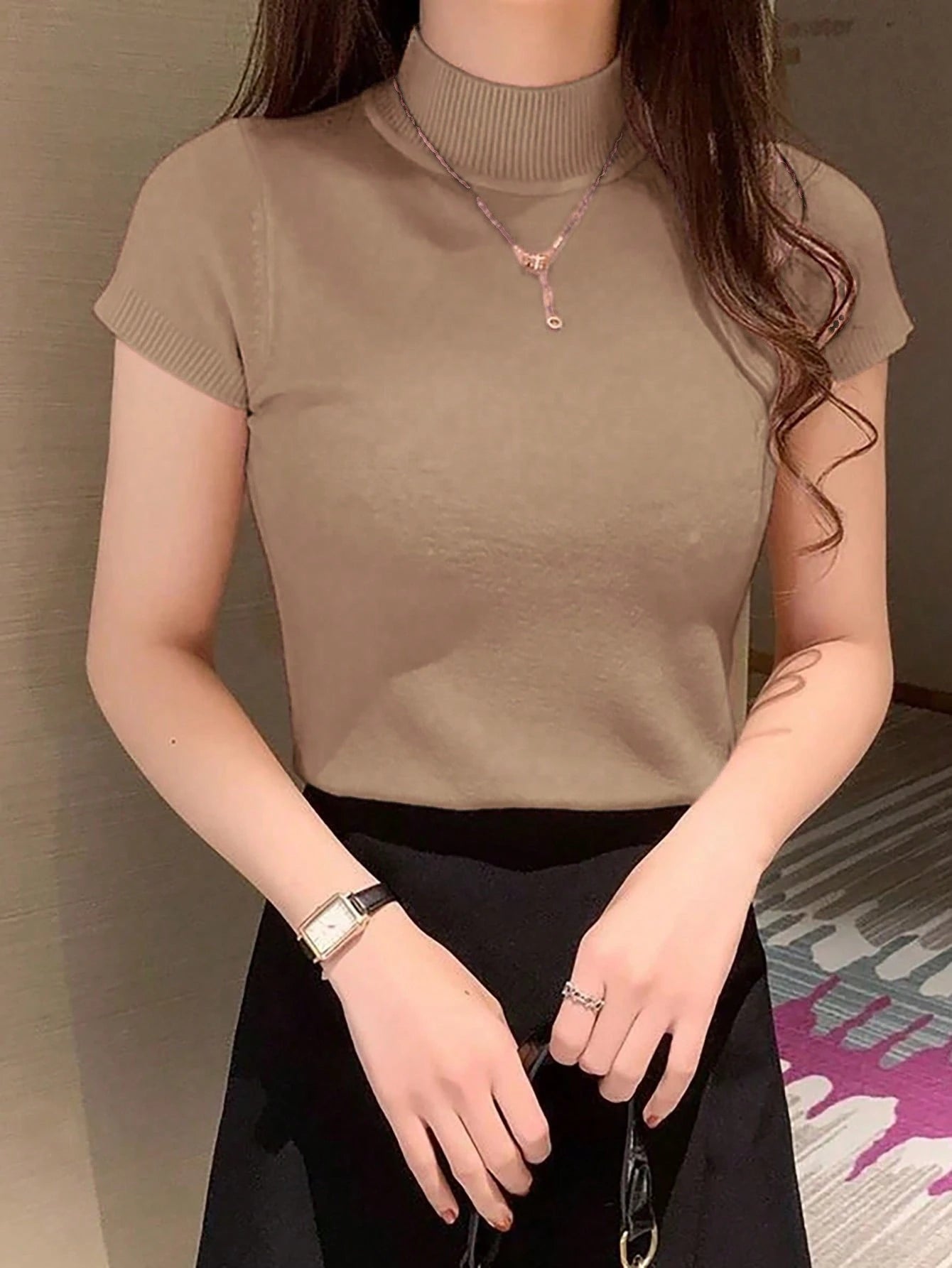 Women Casual Solid Color Turtleneck Slim Fit Short Sleeve Knit Top